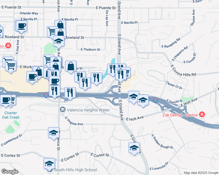 map of restaurants, bars, coffee shops, grocery stores, and more near 3275 East Garvey Avenue North in West Covina