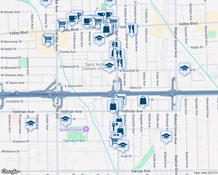 map of restaurants, bars, coffee shops, grocery stores, and more near 2012 California Street in San Gabriel