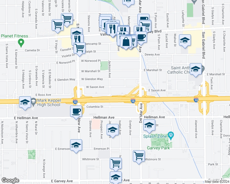 map of restaurants, bars, coffee shops, grocery stores, and more near 201 West Ramona Boulevard in San Gabriel