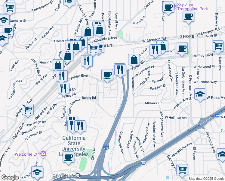 map of restaurants, bars, coffee shops, grocery stores, and more near 2316 Highbury Avenue in Los Angeles