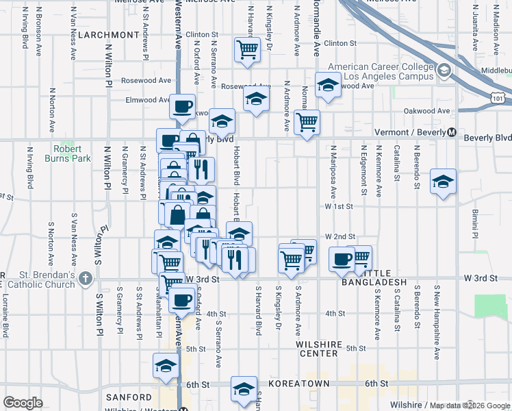 map of restaurants, bars, coffee shops, grocery stores, and more near 144 South Hobart Boulevard in Los Angeles
