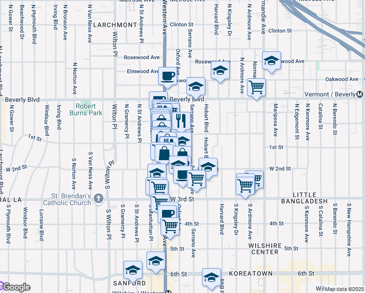 map of restaurants, bars, coffee shops, grocery stores, and more near 137 South Oxford Avenue in Los Angeles