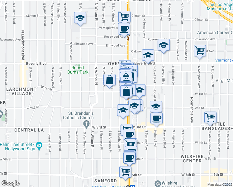 map of restaurants, bars, coffee shops, grocery stores, and more near 112 South Saint Andrews Place in Los Angeles