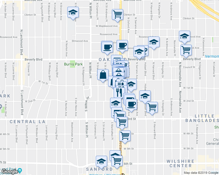map of restaurants, bars, coffee shops, grocery stores, and more near 112 South Saint Andrews Place in Los Angeles
