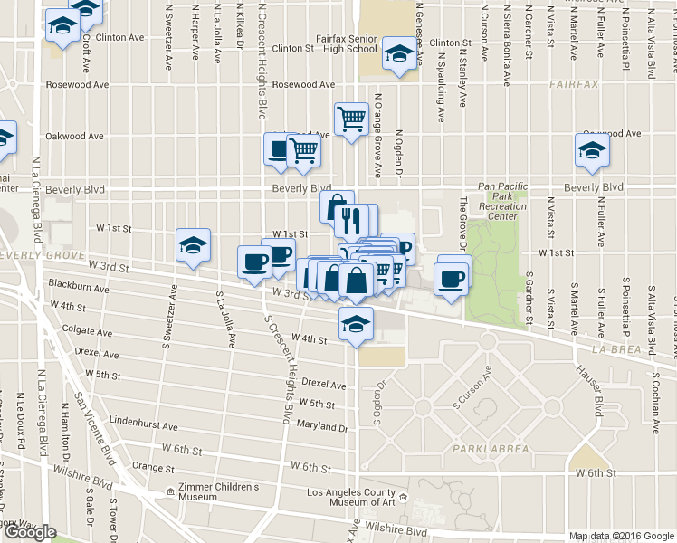 map of restaurants, bars, coffee shops, grocery stores, and more near 156 South Hayworth Avenue in Los Angeles
