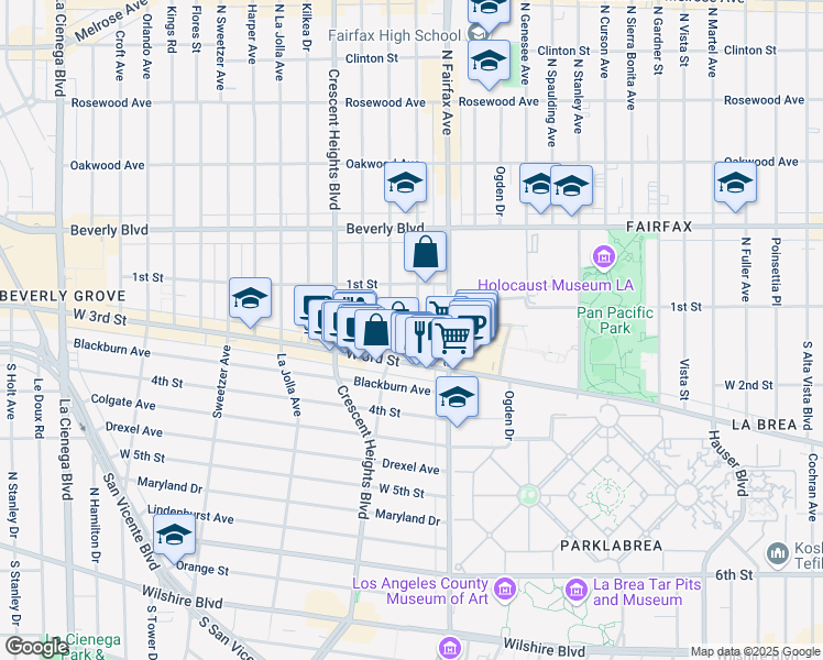 map of restaurants, bars, coffee shops, grocery stores, and more near 156 South Edinburgh Avenue in West Hollywood