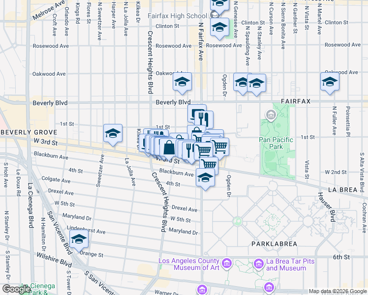 map of restaurants, bars, coffee shops, grocery stores, and more near 149 South Hayworth Avenue in Los Angeles