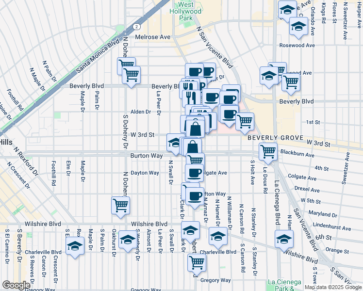 map of restaurants, bars, coffee shops, grocery stores, and more near in Beverly Hills