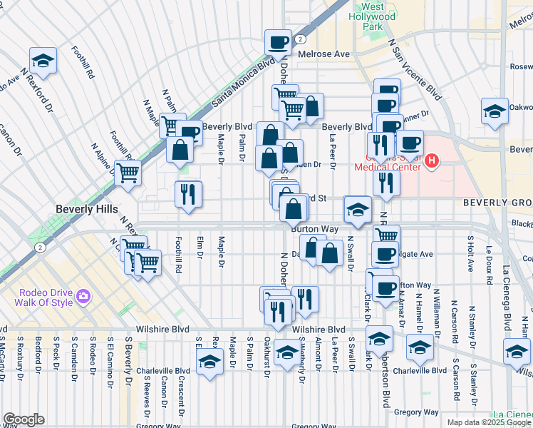 map of restaurants, bars, coffee shops, grocery stores, and more near in Beverly Hills