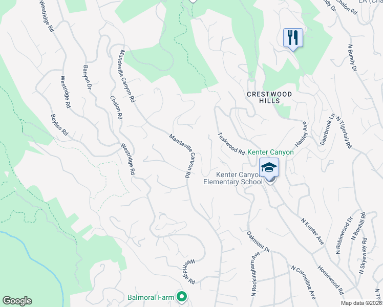 map of restaurants, bars, coffee shops, grocery stores, and more near 2035 Mandeville Canyon Road in Los Angeles