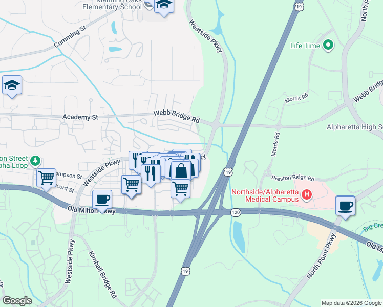 map of restaurants, bars, coffee shops, grocery stores, and more near 1001 Westside Parkway in Alpharetta
