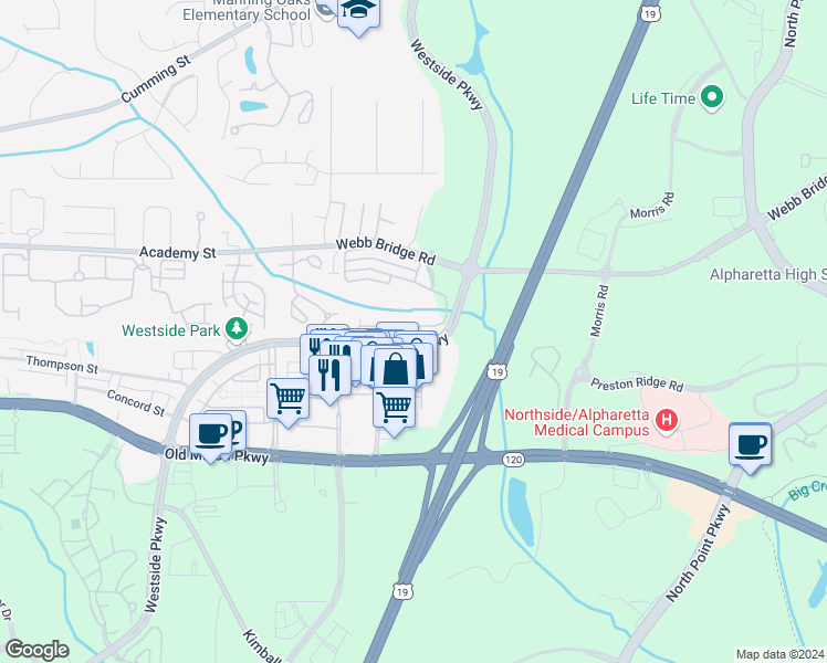 map of restaurants, bars, coffee shops, grocery stores, and more near 1001 Westside Parkway in Alpharetta