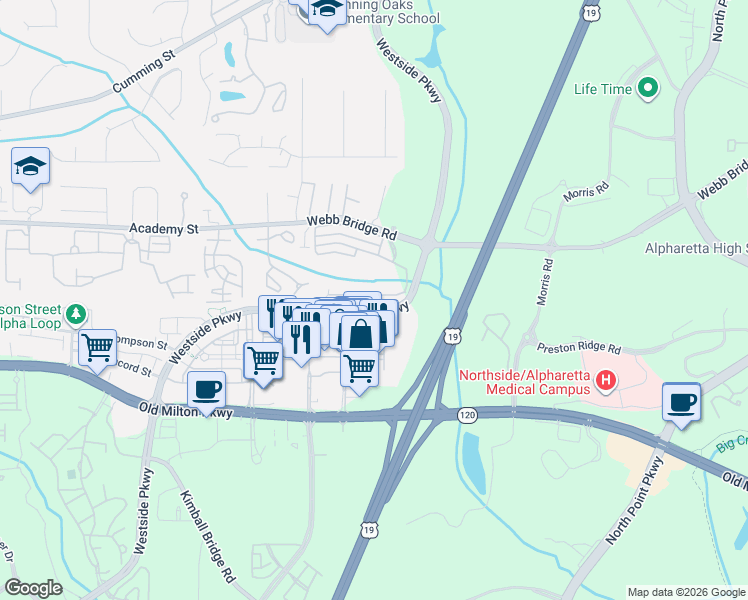 map of restaurants, bars, coffee shops, grocery stores, and more near 1001 Westside Parkway in Alpharetta