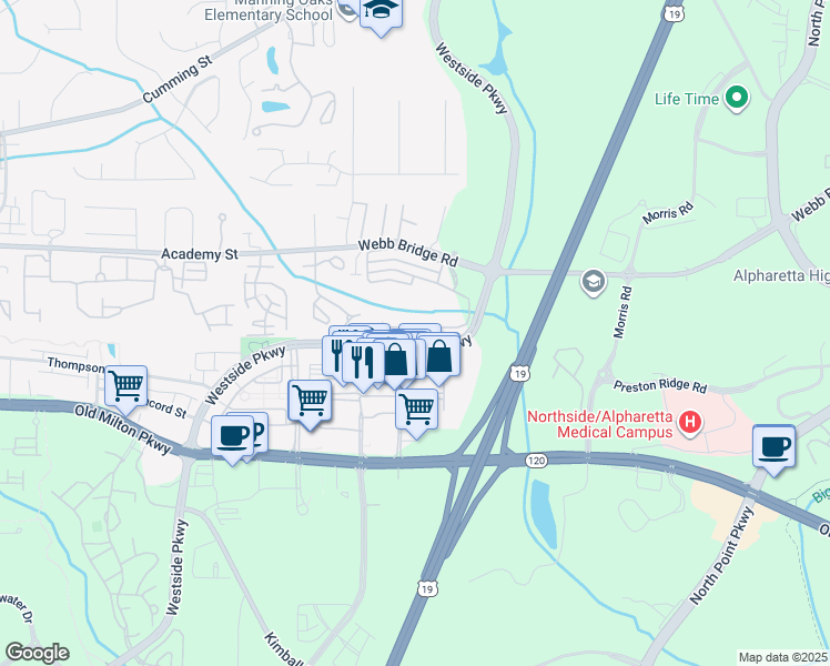 map of restaurants, bars, coffee shops, grocery stores, and more near 2925 Webb Bridge Road in Alpharetta