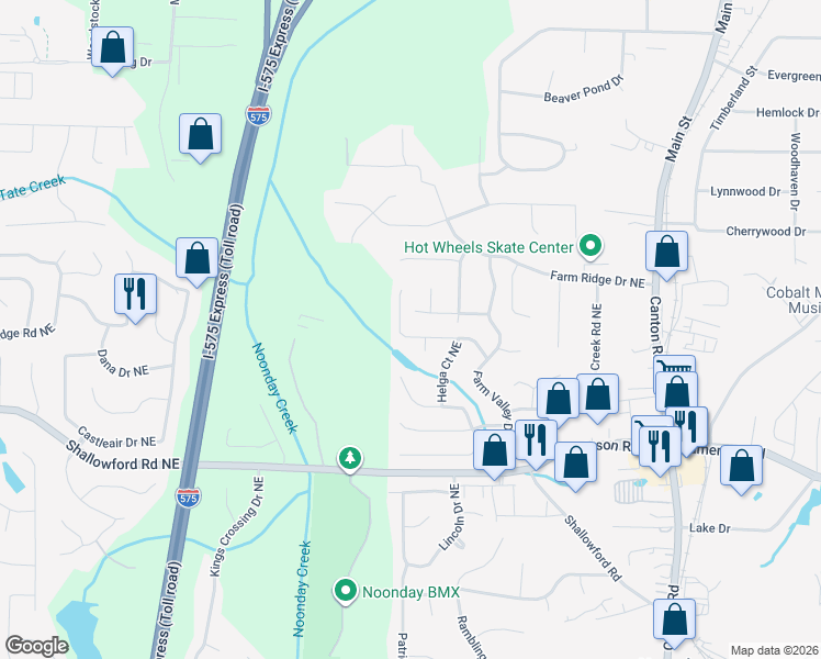map of restaurants, bars, coffee shops, grocery stores, and more near 724 Jamie Way Northeast in Woodstock