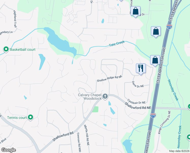 map of restaurants, bars, coffee shops, grocery stores, and more near 4950 Shallow Creek Trail Northeast in Kennesaw