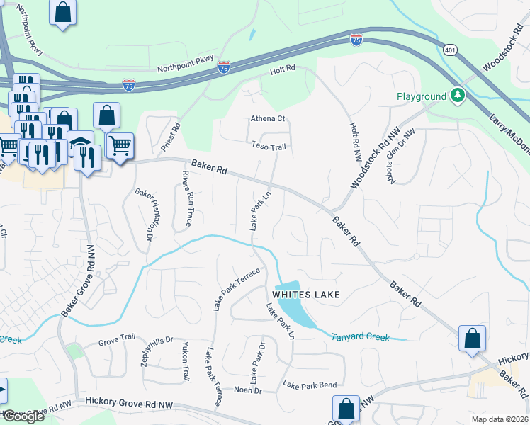 map of restaurants, bars, coffee shops, grocery stores, and more near 4973 Lake Park Circle in Acworth