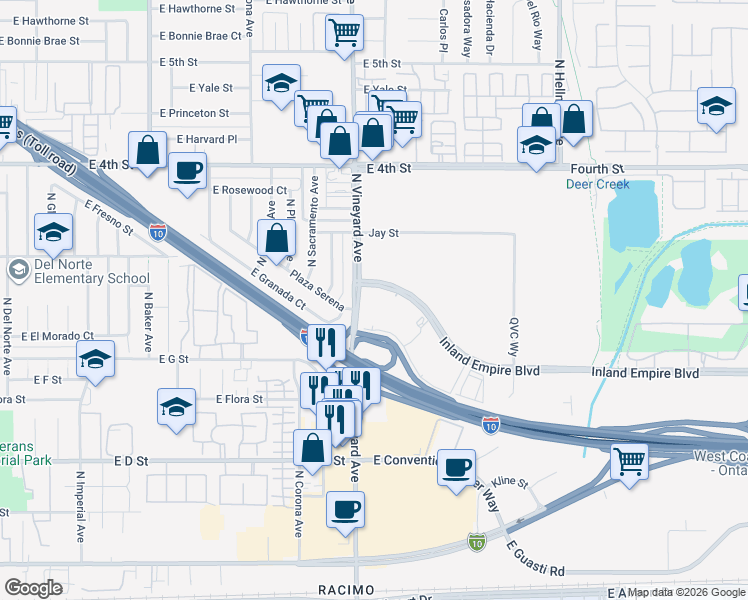map of restaurants, bars, coffee shops, grocery stores, and more near 1900 Inland Empire Boulevard in Ontario
