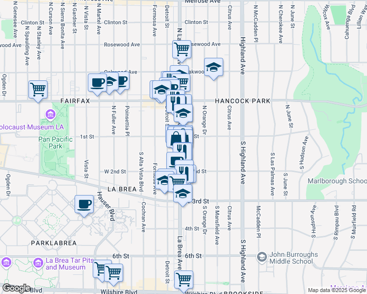 map of restaurants, bars, coffee shops, grocery stores, and more near 126 South La Brea Avenue in Los Angeles
