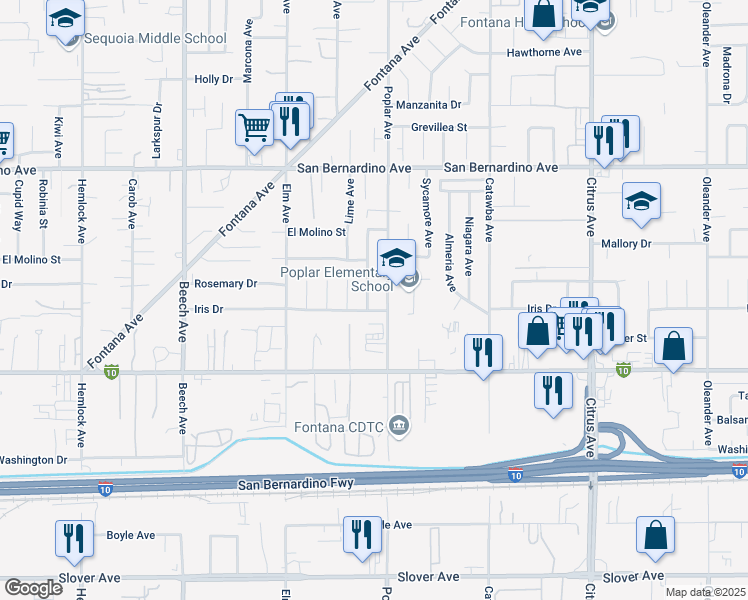 map of restaurants, bars, coffee shops, grocery stores, and more near 9963 Eugenia Avenue in Fontana