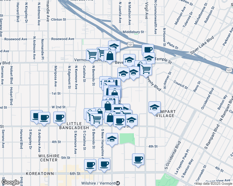 map of restaurants, bars, coffee shops, grocery stores, and more near 3560 West 1st Street in Los Angeles