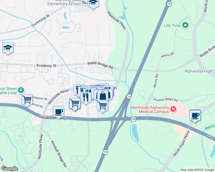 map of restaurants, bars, coffee shops, grocery stores, and more near 1001 Westside Parkway in Alpharetta