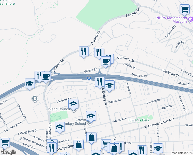 map of restaurants, bars, coffee shops, grocery stores, and more near Christopher Columbus Transcontinental Hwy in Pomona
