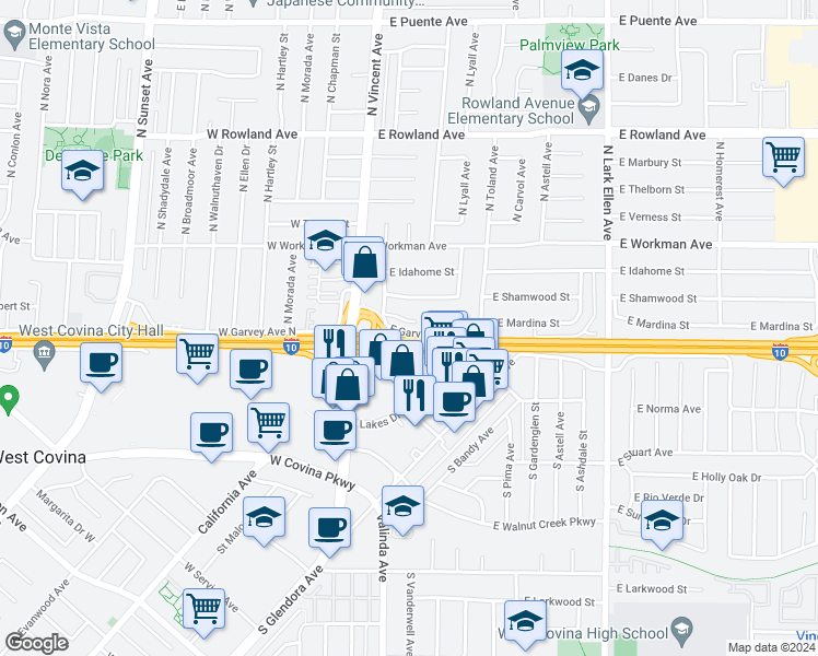 map of restaurants, bars, coffee shops, grocery stores, and more near 1046 East Mardina Street in West Covina