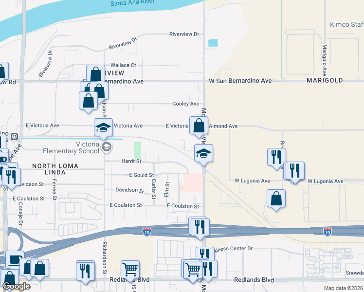 map of restaurants, bars, coffee shops, grocery stores, and more near 1510 Mountain View Avenue in San Bernardino