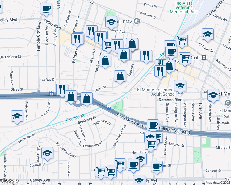 map of restaurants, bars, coffee shops, grocery stores, and more near 10302 Olney Street in El Monte