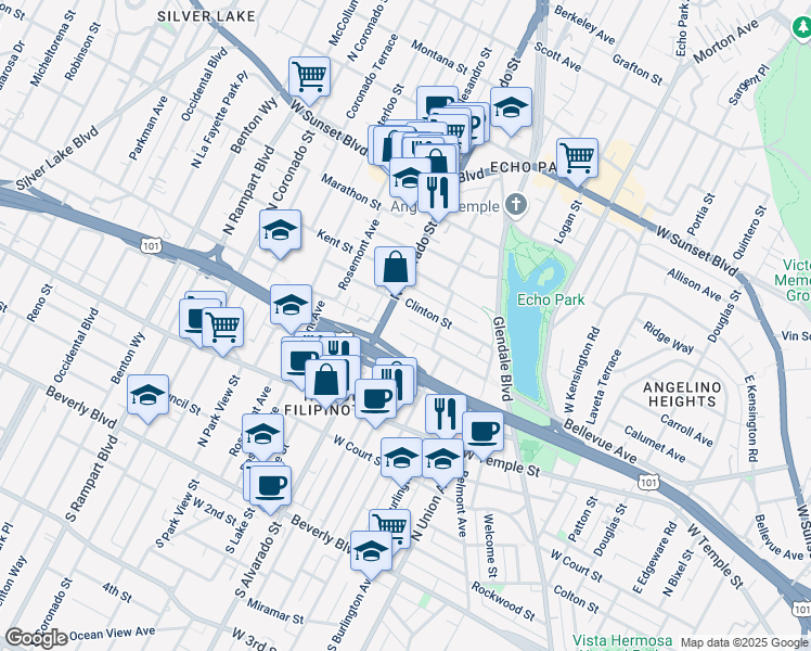 map of restaurants, bars, coffee shops, grocery stores, and more near 2027 Bellevue Avenue in Los Angeles