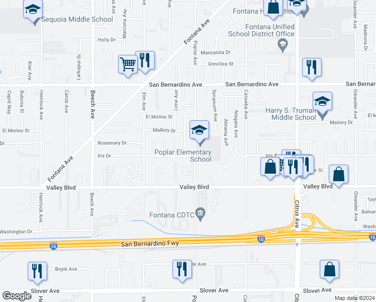 map of restaurants, bars, coffee shops, grocery stores, and more near 9963 Eugenia Avenue in Fontana