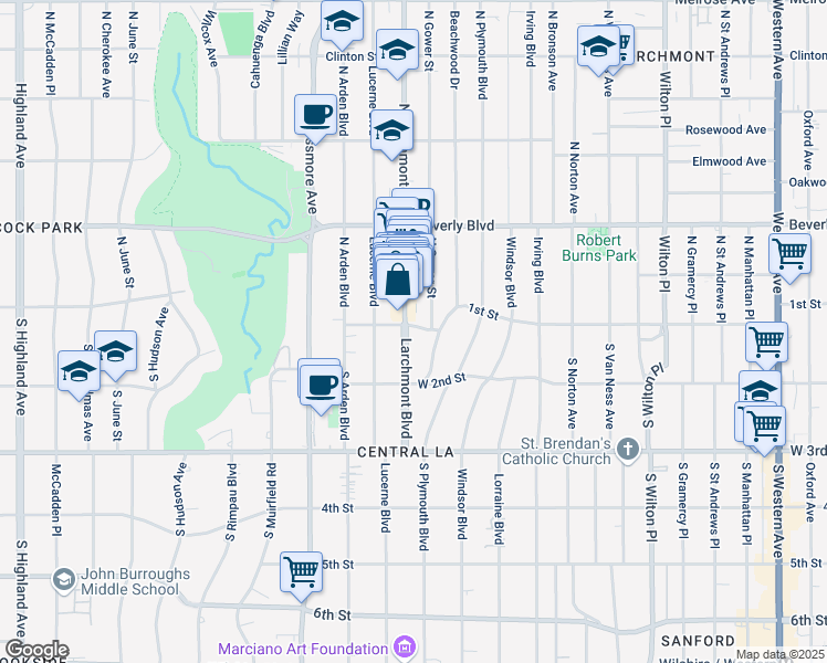 map of restaurants, bars, coffee shops, grocery stores, and more near 145 South Beachwood Drive in Los Angeles