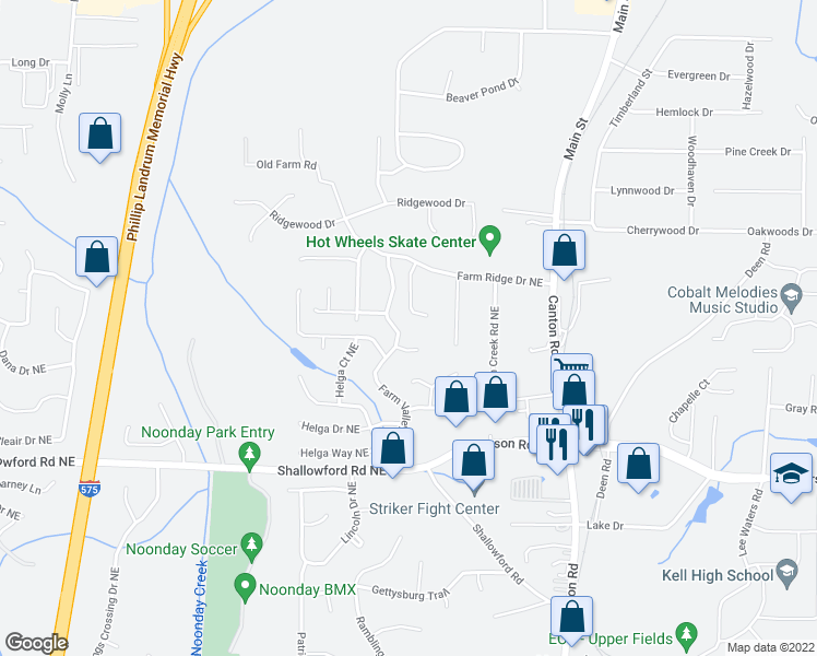 map of restaurants, bars, coffee shops, grocery stores, and more near 5119 Hill Farm Drive Northeast in Woodstock
