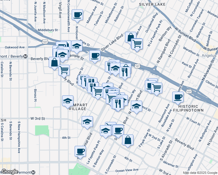 map of restaurants, bars, coffee shops, grocery stores, and more near 2837 Council Street in Los Angeles