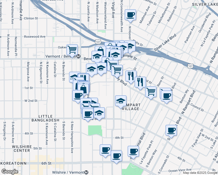 map of restaurants, bars, coffee shops, grocery stores, and more near 118 South Westmoreland Avenue in Los Angeles