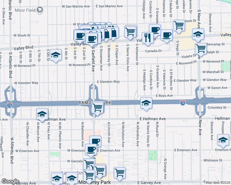 map of restaurants, bars, coffee shops, grocery stores, and more near 1833 South Chapel Avenue in Alhambra