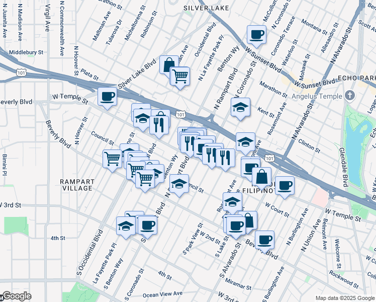 map of restaurants, bars, coffee shops, grocery stores, and more near 2602 West Temple Street in Los Angeles