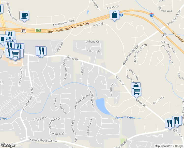 map of restaurants, bars, coffee shops, grocery stores, and more near 4973 Lake Park Circle in Acworth