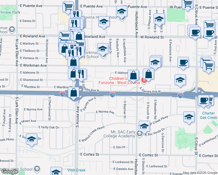 map of restaurants, bars, coffee shops, grocery stores, and more near 2007 East Garvey Avenue North in West Covina