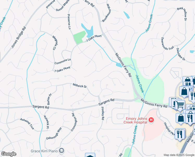 map of restaurants, bars, coffee shops, grocery stores, and more near 515 Mellbrook Lane in Alpharetta