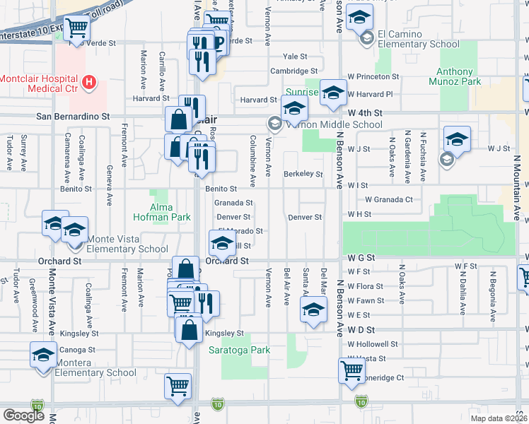 map of restaurants, bars, coffee shops, grocery stores, and more near 9966 Vernon Avenue in Montclair
