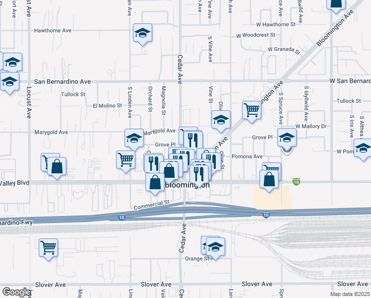 map of restaurants, bars, coffee shops, grocery stores, and more near 9971 Cedar Avenue in Bloomington