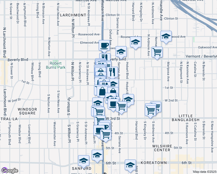 map of restaurants, bars, coffee shops, grocery stores, and more near 127 South Oxford Avenue in Los Angeles