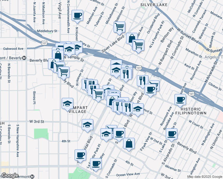map of restaurants, bars, coffee shops, grocery stores, and more near 2837 Council Street in Los Angeles