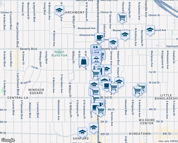 map of restaurants, bars, coffee shops, grocery stores, and more near 4568 1st Street in Los Angeles