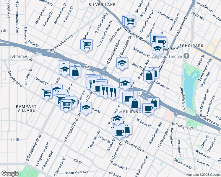 map of restaurants, bars, coffee shops, grocery stores, and more near 419 Coronado Terrace in Los Angeles