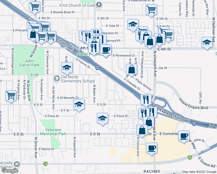 map of restaurants, bars, coffee shops, grocery stores, and more near 1649 East G Street in Ontario