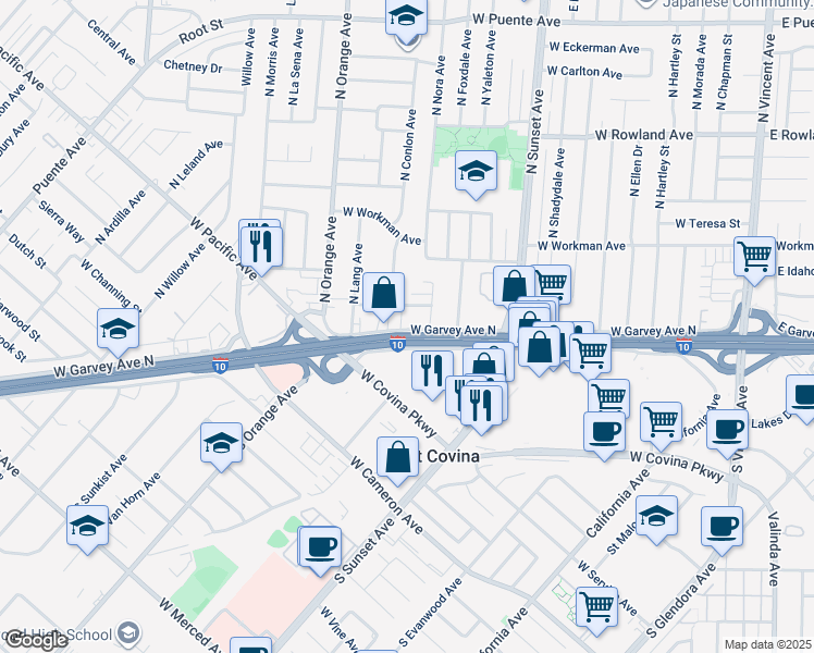 map of restaurants, bars, coffee shops, grocery stores, and more near 1543 West Garvey Avenue North in West Covina
