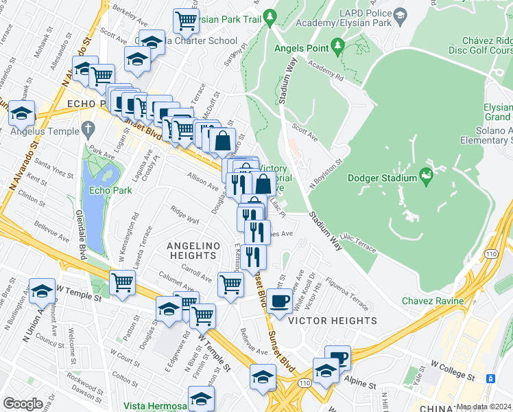 map of restaurants, bars, coffee shops, grocery stores, and more near 1285 Elysian Park Avenue in Los Angeles